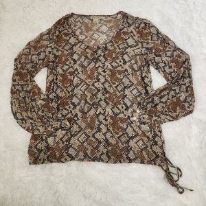Lucky Brand Brown Python Print Long Sleeve Side Tie Loose Fit Blouse